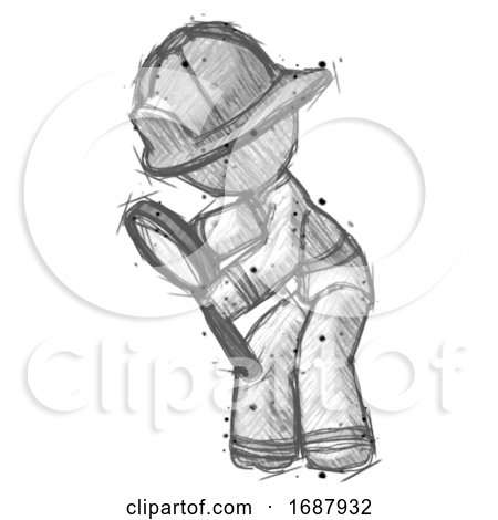 Sketch Firefighter Fireman Man Inspecting with Large Magnifying Glass Left by Leo Blanchette