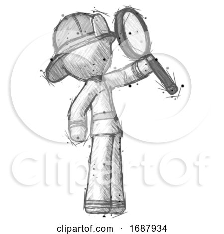 Sketch Firefighter Fireman Man Inspecting with Large Magnifying Glass Facing up by Leo Blanchette