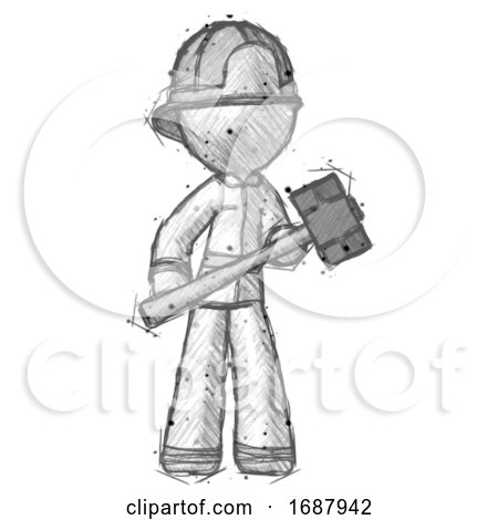 Sketch Firefighter Fireman Man with Sledgehammer Standing Ready to Work or Defend by Leo Blanchette