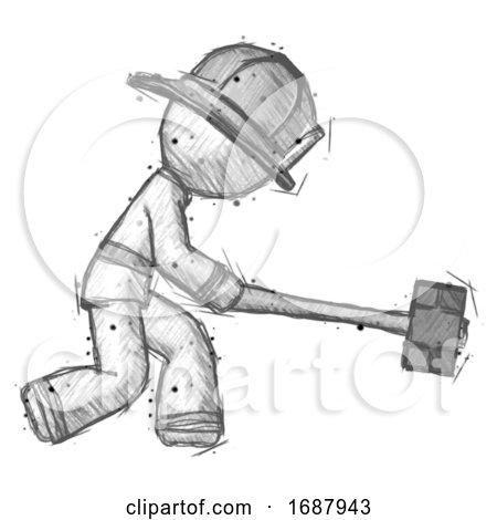Sketch Firefighter Fireman Man Hitting with Sledgehammer, or Smashing Something by Leo Blanchette