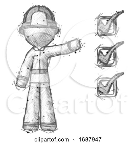 Sketch Firefighter Fireman Man Standing by List of Checkmarks by Leo Blanchette