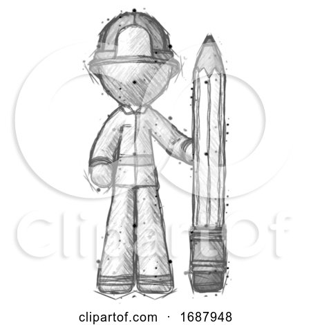 Sketch Firefighter Fireman Man with Large Pencil Standing Ready to Write by Leo Blanchette