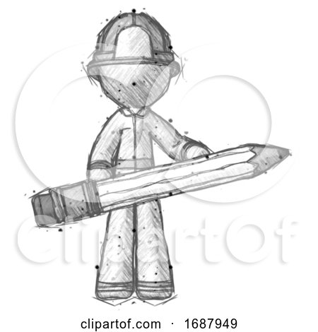 Sketch Firefighter Fireman Man Writer or Blogger Holding Large Pencil by Leo Blanchette