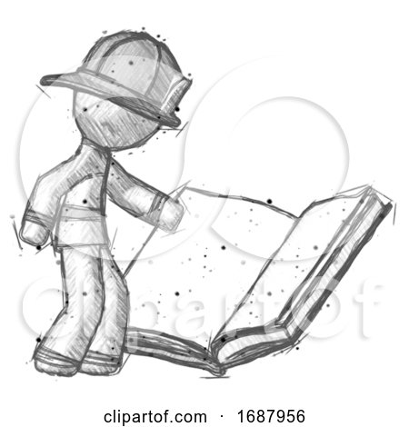Sketch Firefighter Fireman Man Reading Big Book While Standing Beside It by Leo Blanchette