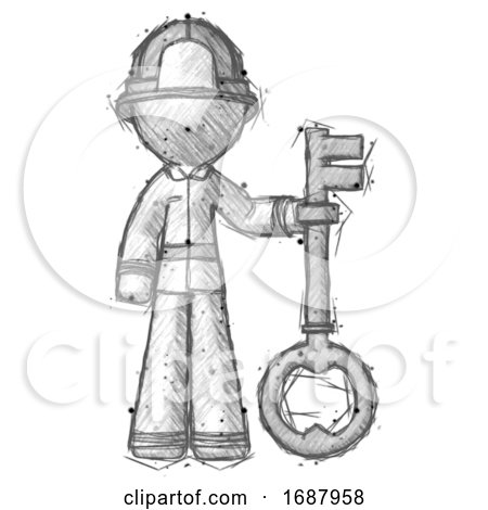 Sketch Firefighter Fireman Man Holding Key Made of Gold by Leo Blanchette