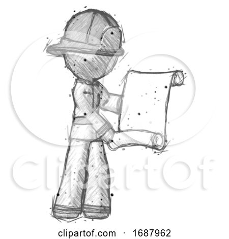 Sketch Firefighter Fireman Man Holding Blueprints or Scroll by Leo Blanchette