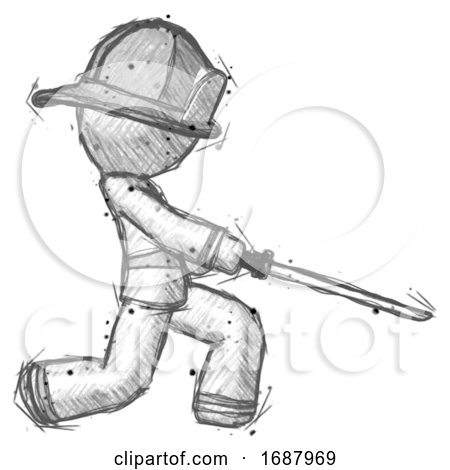 Sketch Firefighter Fireman Man with Ninja Sword Katana Slicing or Striking Something by Leo Blanchette