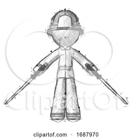 Sketch Firefighter Fireman Man Posing with Two Ninja Sword Katanas by Leo Blanchette