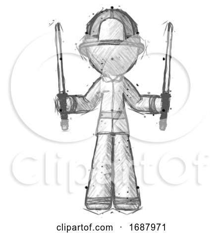 Sketch Firefighter Fireman Man Posing with Two Ninja Sword Katanas up by Leo Blanchette