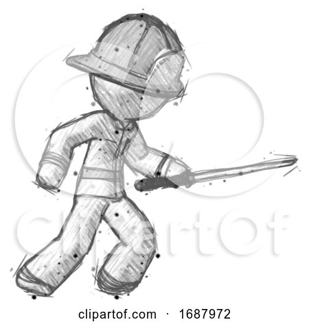 Sketch Firefighter Fireman Man Stabbing with Ninja Sword Katana by Leo Blanchette