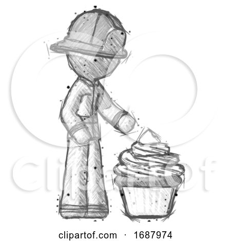 Sketch Firefighter Fireman Man with Giant Cupcake Dessert by Leo Blanchette