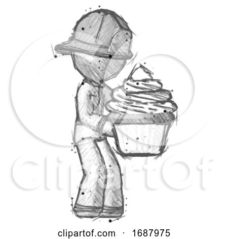 Sketch Firefighter Fireman Man Holding Large Cupcake Ready to Eat or Serve by Leo Blanchette