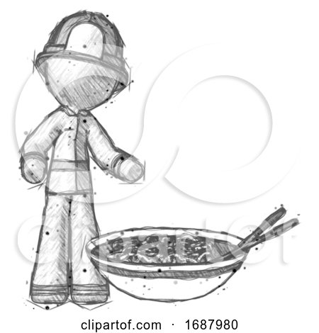 Sketch Firefighter Fireman Man and Noodle Bowl, Giant Soup Restaraunt Concept by Leo Blanchette