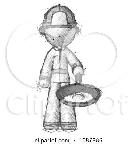 Sketch Firefighter Fireman Man Frying Egg in Pan or Wok by Leo Blanchette