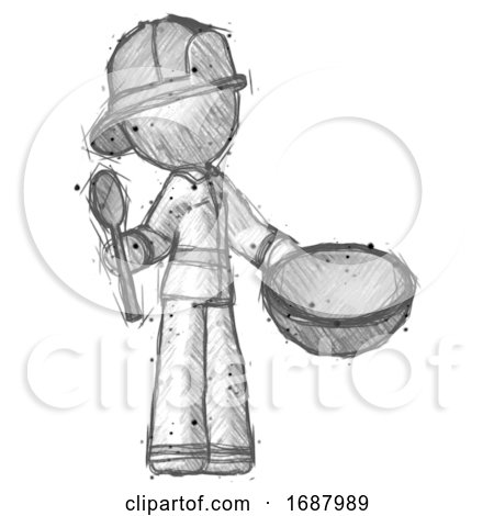 Sketch Firefighter Fireman Man with Empty Bowl and Spoon Ready to Make Something by Leo Blanchette