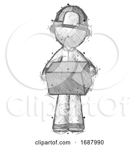 Sketch Firefighter Fireman Man Holding Box Sent or Arriving in Mail by Leo Blanchette