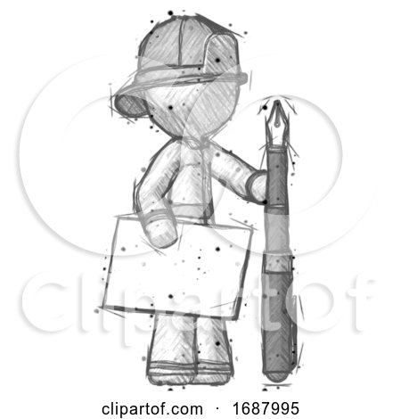 Sketch Firefighter Fireman Man Holding Large Envelope and Calligraphy Pen by Leo Blanchette