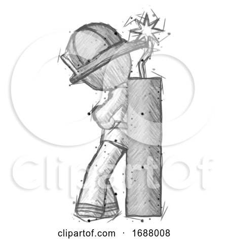 Sketch Firefighter Fireman Man Leaning Against Dynimate, Large Stick Ready to Blow by Leo Blanchette