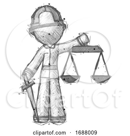 Sketch Firefighter Fireman Man Justice Concept with Scales and Sword, Justicia Derived by Leo Blanchette