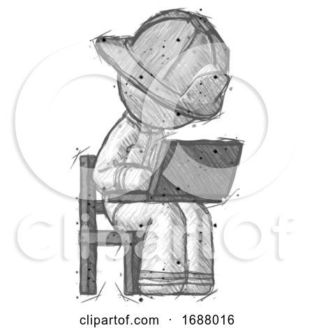 Sketch Firefighter Fireman Man Using Laptop Computer While Sitting in Chair Angled Right by Leo Blanchette