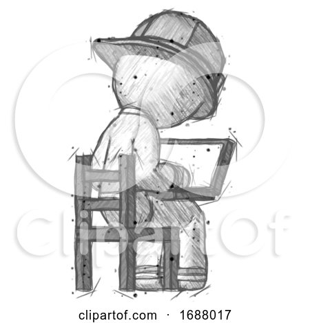 Sketch Firefighter Fireman Man Using Laptop Computer While Sitting in Chair View from Back by Leo Blanchette
