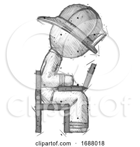 Sketch Firefighter Fireman Man Using Laptop Computer While Sitting in Chair View from Side by Leo Blanchette