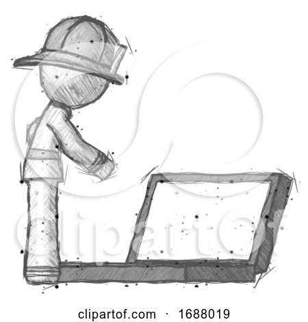 Sketch Firefighter Fireman Man Using Large Laptop Computer Side Orthographic View by Leo Blanchette