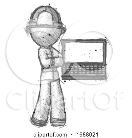 Sketch Firefighter Fireman Man Holding Laptop Computer Presenting Something on Screen by Leo Blanchette