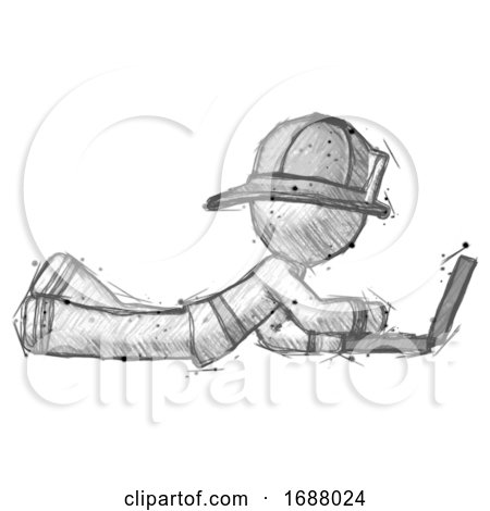 Sketch Firefighter Fireman Man Using Laptop Computer While Lying on Floor Side View by Leo Blanchette