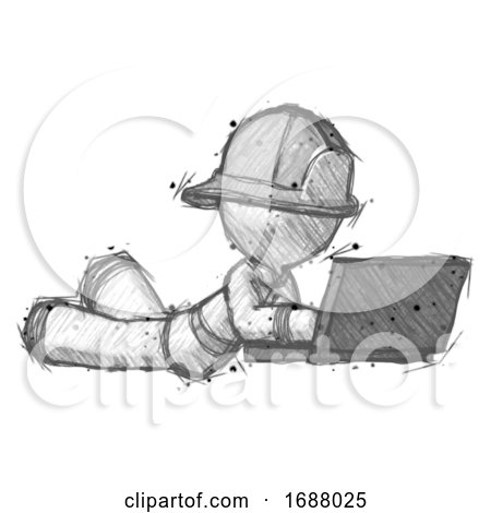 Sketch Firefighter Fireman Man Using Laptop Computer While Lying on Floor Side Angled View by Leo Blanchette