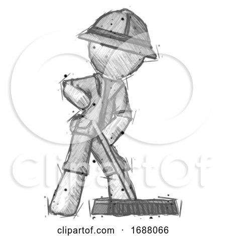 Sketch Explorer Ranger Man Cleaning Services Janitor Sweeping Floor with Push Broom by Leo Blanchette