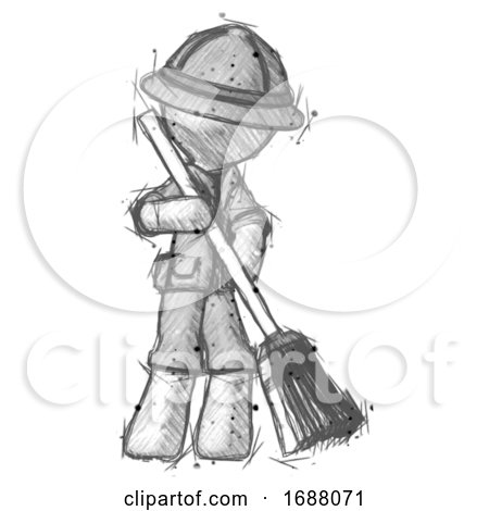 Sketch Explorer Ranger Man Sweeping Area with Broom by Leo Blanchette