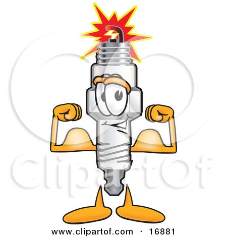 Clipart Picture of a Spark Plug Mascot Cartoon Character Flexing His Arm Muscles by Mascot Junction