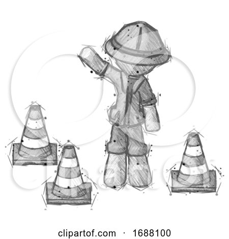 Sketch Explorer Ranger Man Standing by Traffic Cones Waving by Leo Blanchette