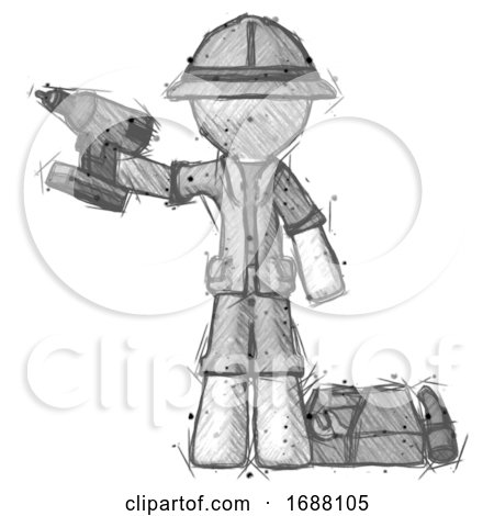 Sketch Explorer Ranger Man Holding Drill Ready to Work, Toolchest and Tools to Right by Leo Blanchette