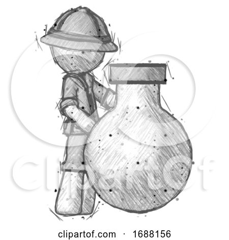 Sketch Explorer Ranger Man Standing Beside Large Round Flask or Beaker by Leo Blanchette