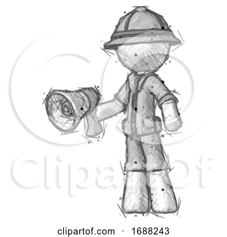 Sketch Explorer Ranger Man Holding Megaphone Bullhorn Facing Right by Leo Blanchette