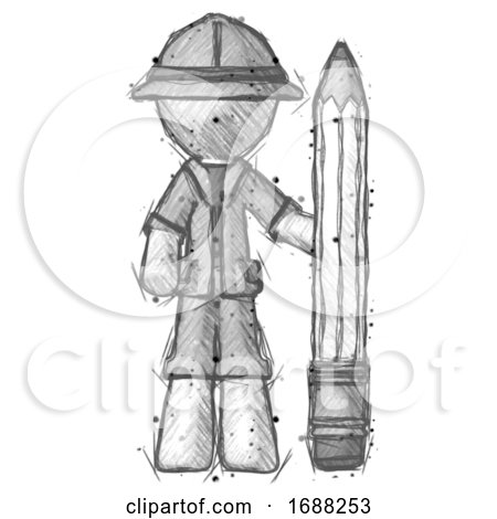 Sketch Explorer Ranger Man with Large Pencil Standing Ready to Write by Leo Blanchette