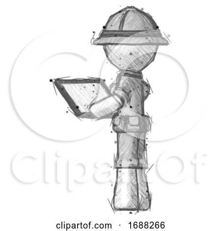 Sketch Explorer Ranger Man Looking at Tablet Device Computer with Back to Viewer by Leo Blanchette