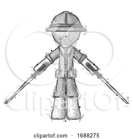 Sketch Explorer Ranger Man Posing with Two Ninja Sword Katanas by Leo Blanchette