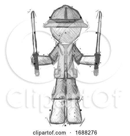 Sketch Explorer Ranger Man Posing with Two Ninja Sword Katanas up by Leo Blanchette