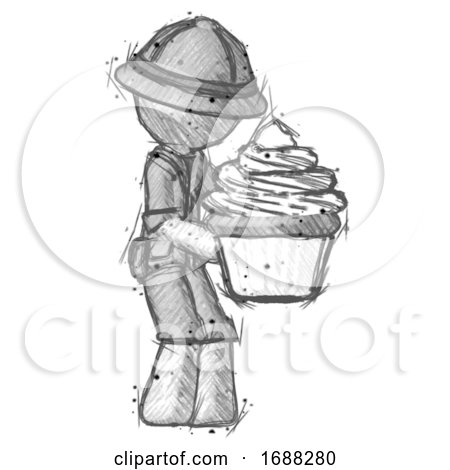 Sketch Explorer Ranger Man Holding Large Cupcake Ready to Eat or Serve by Leo Blanchette