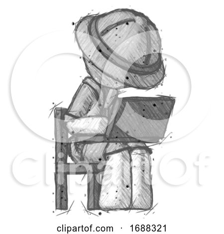Sketch Explorer Ranger Man Using Laptop Computer While Sitting in Chair Angled Right by Leo Blanchette