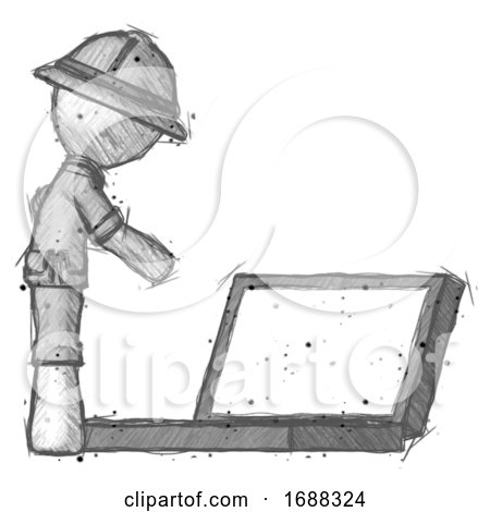 Sketch Explorer Ranger Man Using Large Laptop Computer Side Orthographic View by Leo Blanchette