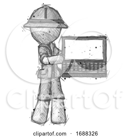 Sketch Explorer Ranger Man Holding Laptop Computer Presenting Something on Screen by Leo Blanchette