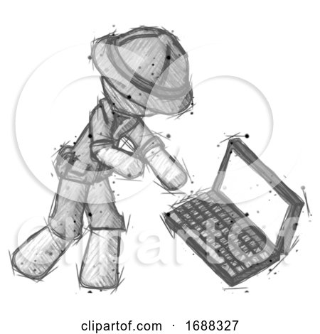 Sketch Explorer Ranger Man Throwing Laptop Computer in Frustration by Leo Blanchette