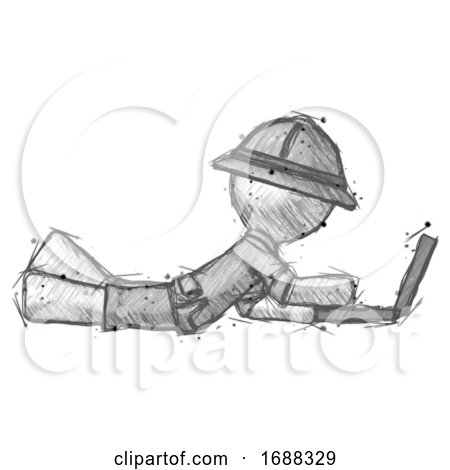 Sketch Explorer Ranger Man Using Laptop Computer While Lying on Floor Side View by Leo Blanchette