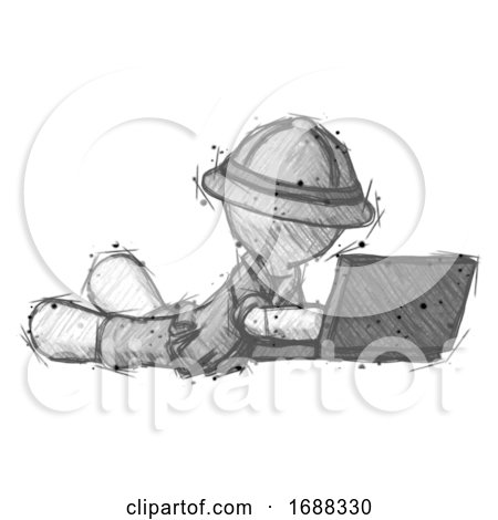 Sketch Explorer Ranger Man Using Laptop Computer While Lying on Floor Side Angled View by Leo Blanchette