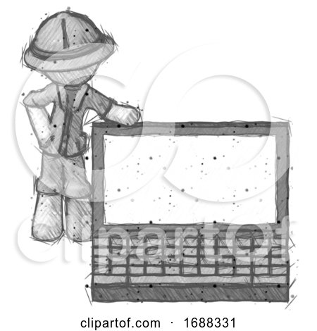 Sketch Explorer Ranger Man Beside Large Laptop Computer, Leaning Against It by Leo Blanchette