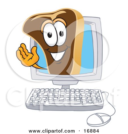 Clipart Picture of a Meat Beef Steak Mascot Cartoon Character Waving From Inside a Computer Screen by Mascot Junction